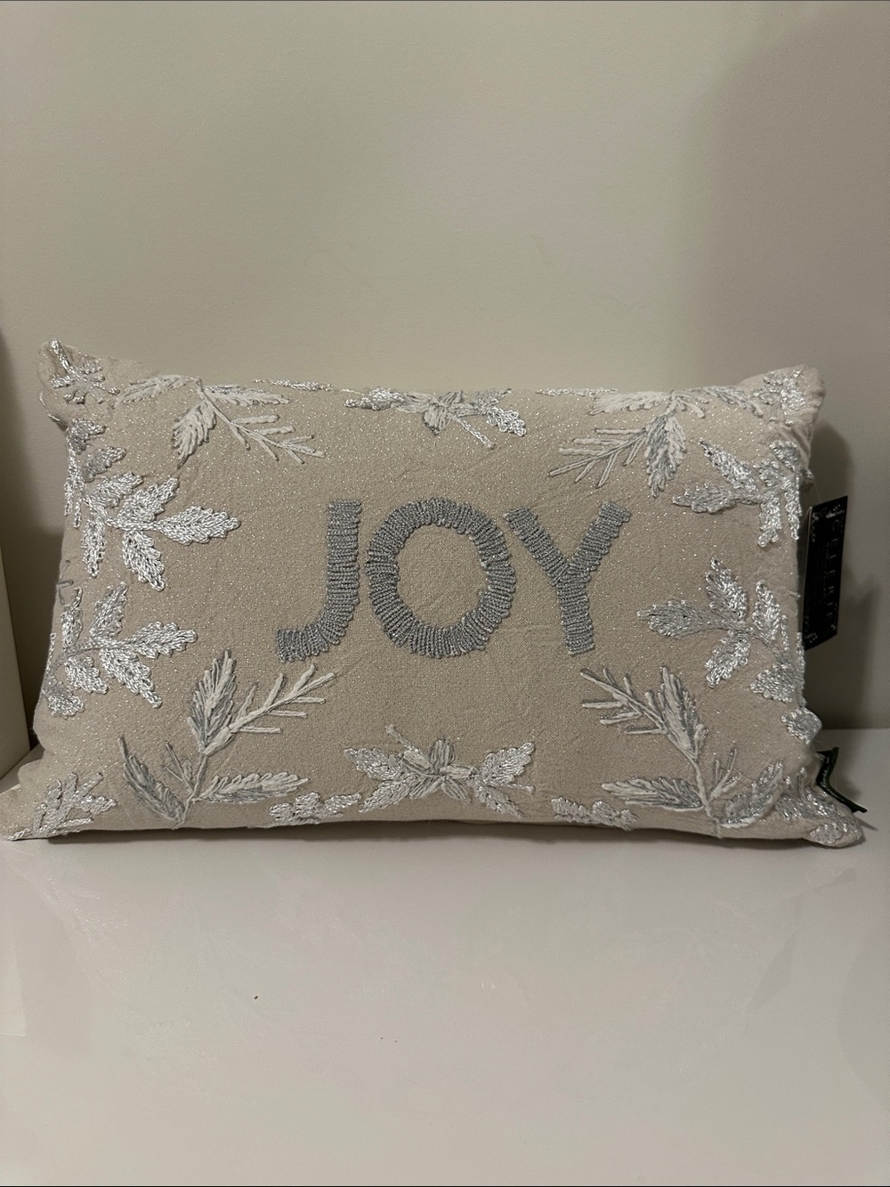 JOY Embroidered Holiday Pillow in Beige with Silver Accents